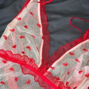 Victoria Secret Red white  Mesh Bodysuit w/ small red heart pop up pattern